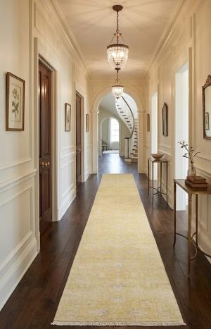 Muted Golden Yellow Floral 3x20 Transitional Oriental Runner Rug