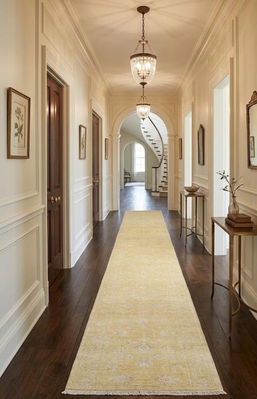 Muted Golden Yellow Floral 3x20 Transitional Oriental Runner Rug