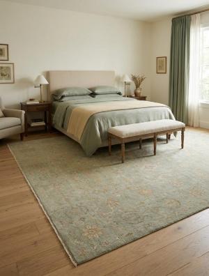 9'1 X 12'0 Aqua Green Hand Knotted Floral Oriental Wool Rug