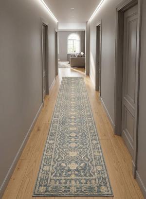 Muted Gray Floral 3x20 Transitional Oriental Runner Rug