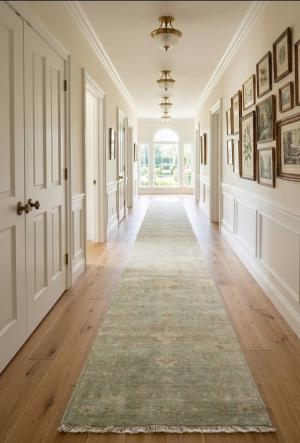2'7 X 20'0 Hand Knotted Floral Aqua Green Wool Runner Rug