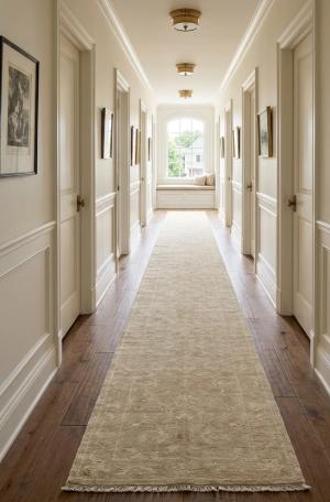 Muted Beige Floral 2'6X18 Transitional Oriental Runner Rug