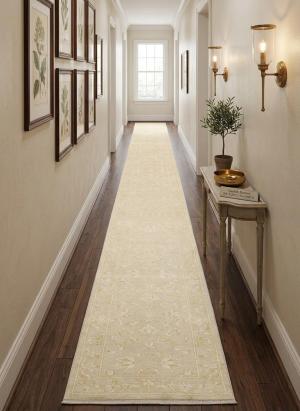 Muted Beige Floral 2'6X19'9 Transitional Oriental Runner Rug