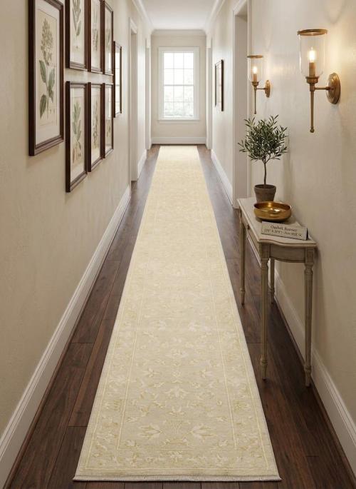 Muted Beige Floral 2'6X19'9 Transitional Oriental Runner Rug