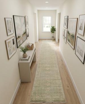 Muted Aqua Blue Floral 3x14 Transitional Oriental Runner Rug