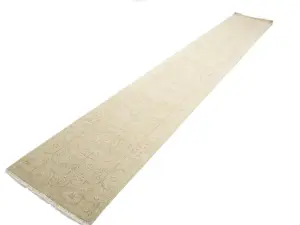 Muted Light Green Floral 2'7X17'10 Transitional Oriental Runner Rug