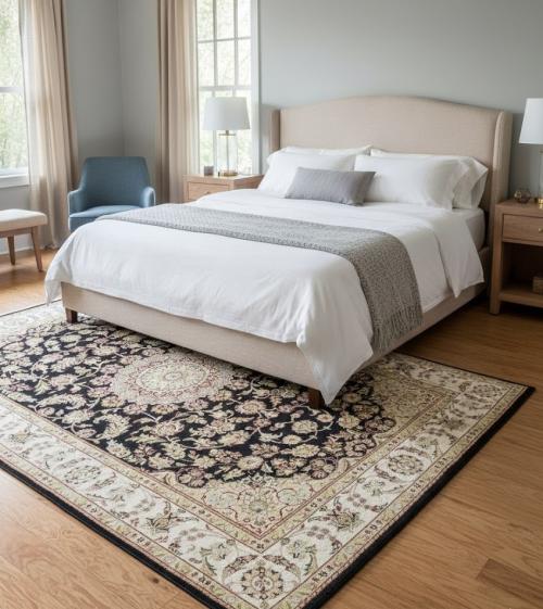 5'2 X 8'4 Hand Knotted Indo-Nain Black Floral Wool Rug