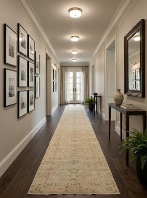 Muted Pinkish Beige Floral 2'6X17'10 Transitional Oriental Runner Rug