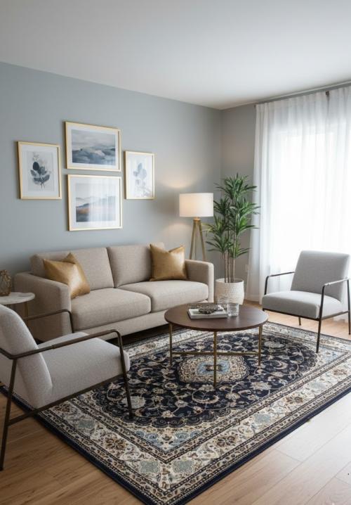 Navy Floral Oriental Style 5X8 Machine-Made Rug