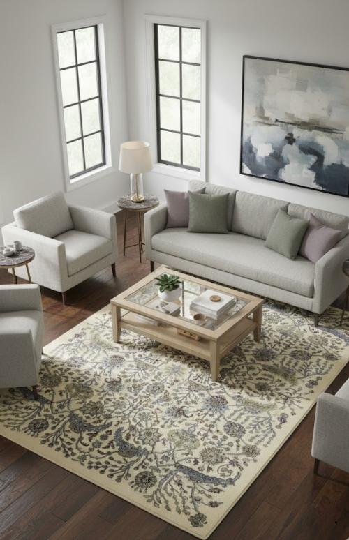 Cream Classic Floral 7X10 Traditional Indo-Kashan Oriental Rug