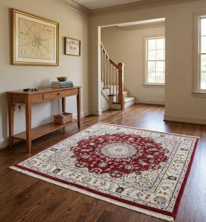 Red Floral 4X4 Indo-Nain Oriental Square Rug