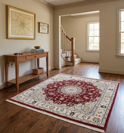 Red Floral 4X4 Indo-Nain Oriental Square Rug