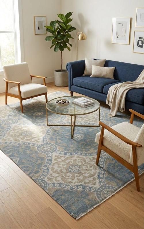 Muted Teal Blue Geometric 6X9 Modern Oriental Rug