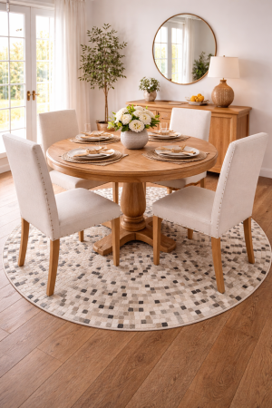 Ivory Geometric 6X6 Cowhide Patchwork Modern Rug