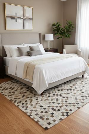 Ivory Geometric 5X8 Cowhide Patchwork Modern Rug