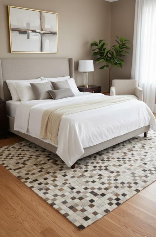 Ivory Geometric 5X8 Cowhide Patchwork Modern Rug