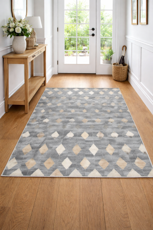 Grey Geometric 4X6 Modern Cowhide Patchwork Print Oriental Rug