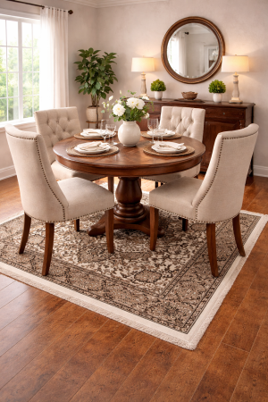 4'10 x 4'10 Hand Knotted Kirman Cream Floral Wool Square Rug