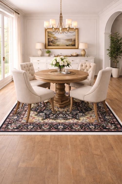 Black Floral Kirman 5X5 Oriental Rug