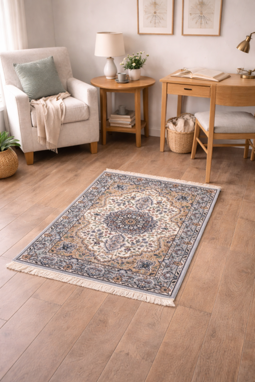 2'7 x 3'10 Cream & Blue Kirman Hand Knotted Floral Wool Rug