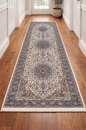 2'7 x 9'5 Hand Knotted Cream & Blue Kirman Wool Runner Rug