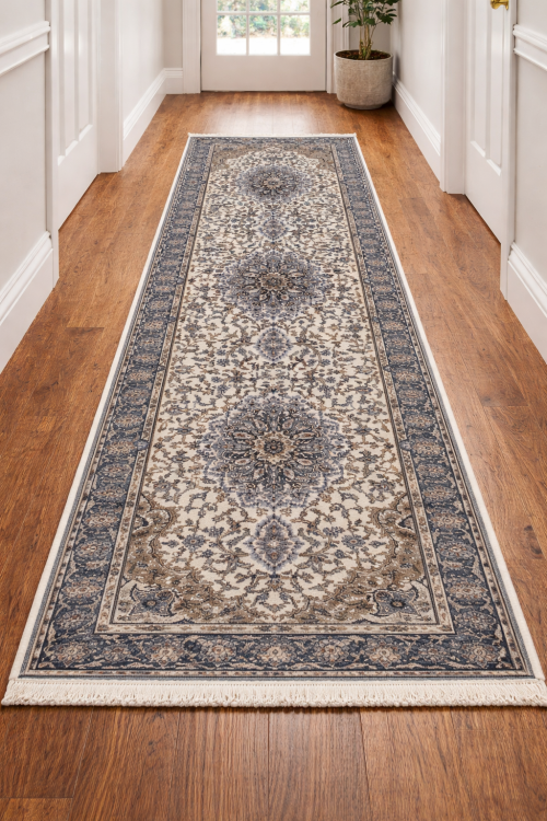 2'7 x 9'5 Hand Knotted Cream & Blue Kirman Wool Runner Rug