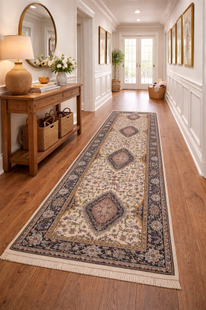 Cream Floral Kirman 3X10 Oriental Rug