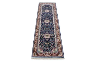 Navy Blue Floral Kirman 3X10 Oriental Runner Rug