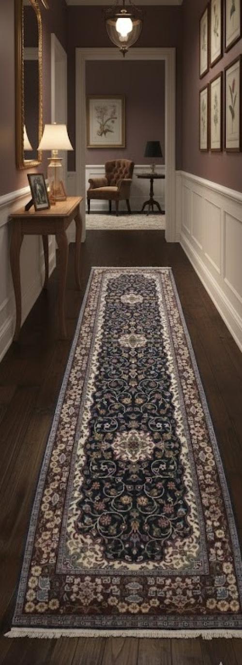 Navy Blue Floral Kirman 3X10 Oriental Runner Rug
