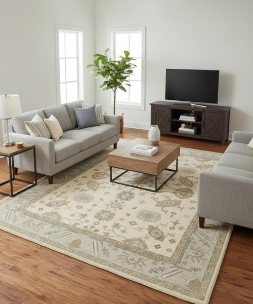 9'0 X 11'10 Muted Cream Hand Knotted Oushak Chobi Wool Rug