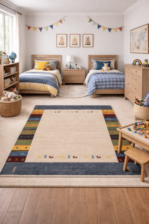 Multicolored Tribal Border 4'7" x 6' 5" Lori Gabbeh Oriental Rug