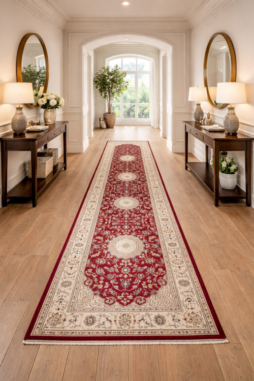 Red Floral 2'7X12'5 Indo-Nain Oriental Runner Rug