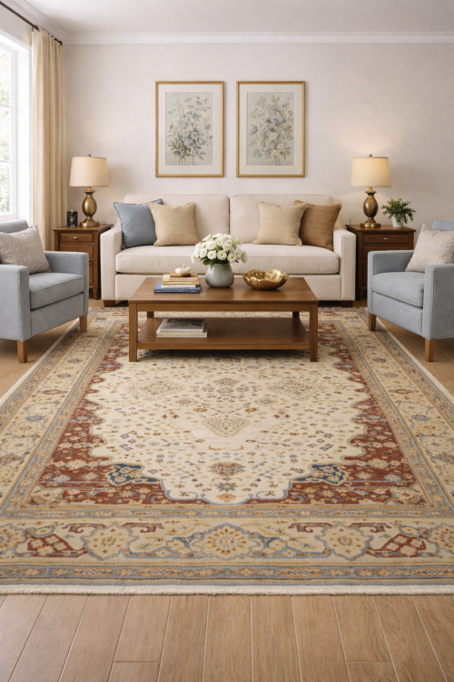 Muted Cream Beige Floral 8X10 Heriz Serapi Oriental Rug