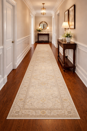 Beige Casual Floral 3X20 Oushak Chobi Oriental Runner Rug