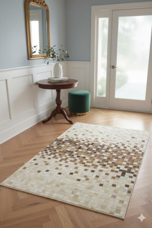 Beige Brown Cowhide 4X6 Modern Leather Rug