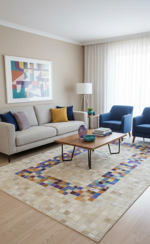 5'0 X 8'0 Hand Crafted Modern Beige Cowhide Leather Rug