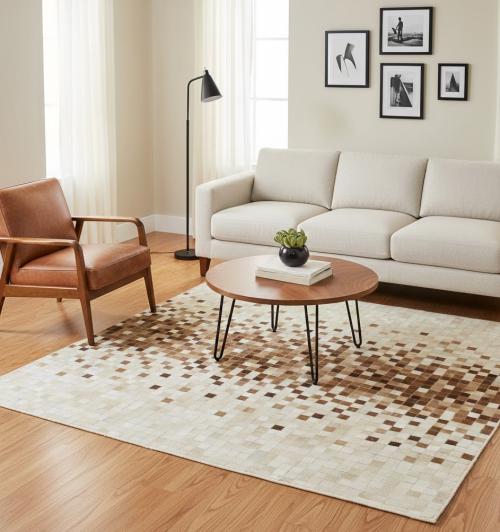 Beige Brown Cowhide 6X6 Modern Leather Square Rug