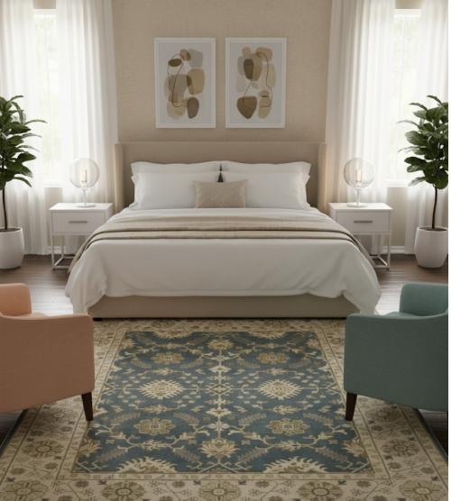 Blue-gray Floral 8X10 Oushak Chobi Oriental Rug