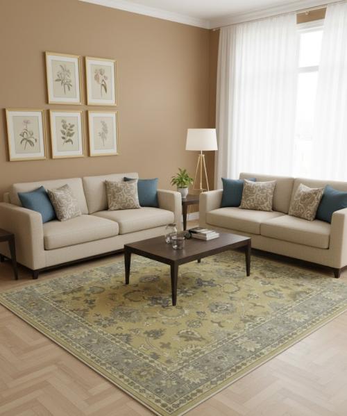 Golden Beige Floral 8X10 Oushak Chobi Oriental Rug