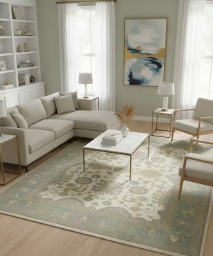 Cream Green Floral 9X12 Oushak Chobi Oriental Rug