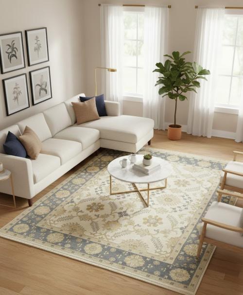 Muted Cream Floral 8X10 Transitional Oushak Chobi Oriental Rug