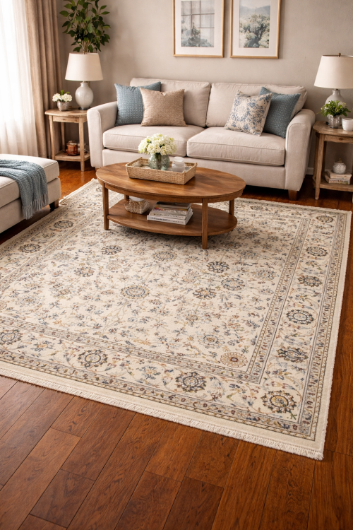 Cream Classic Floral 6X6 Indo-Nain Oriental Square Rug