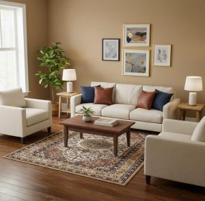 4'1 X 6'1 Cream & Orange Hand Knotted Indo-Bidjar Wool Rug