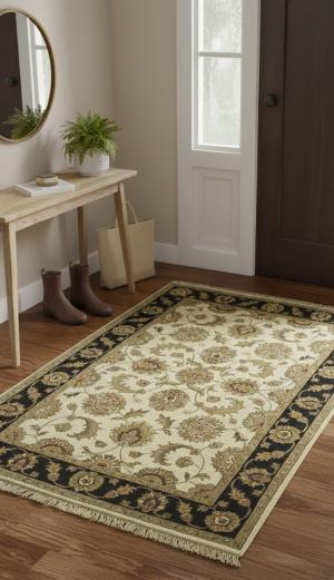 Cream & Black Floral 4X6 Indo-Kashan Oriental Rug