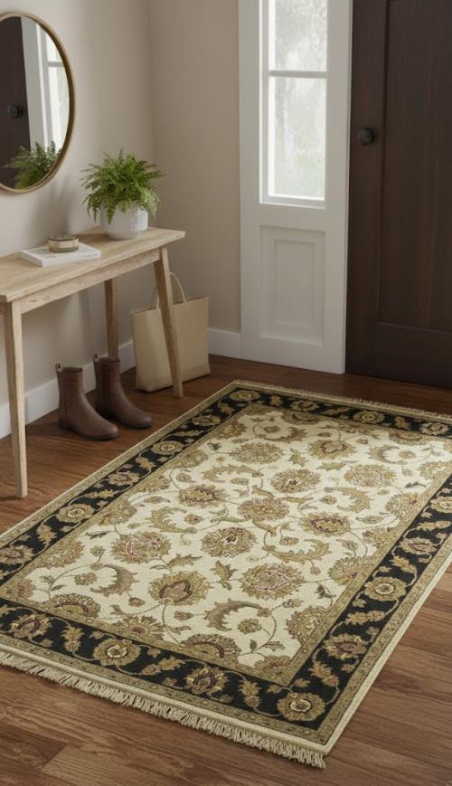 Cream & Black Floral 4X6 Indo-Kashan Oriental Rug