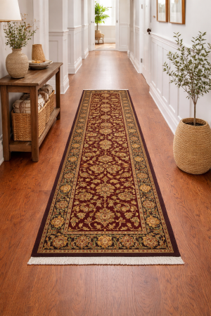 Red & Charcoal Floral 3X12 Indo-Kashan Oriental Runner Rug