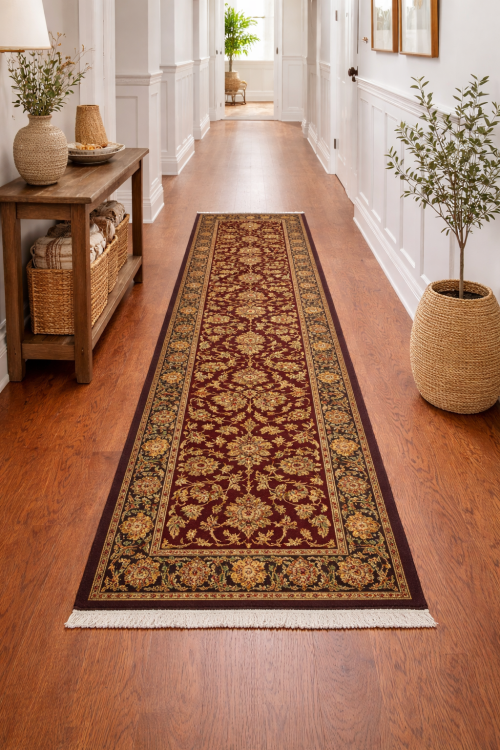 Red & Charcoal Floral 3X12 Indo-Kashan Oriental Runner Rug