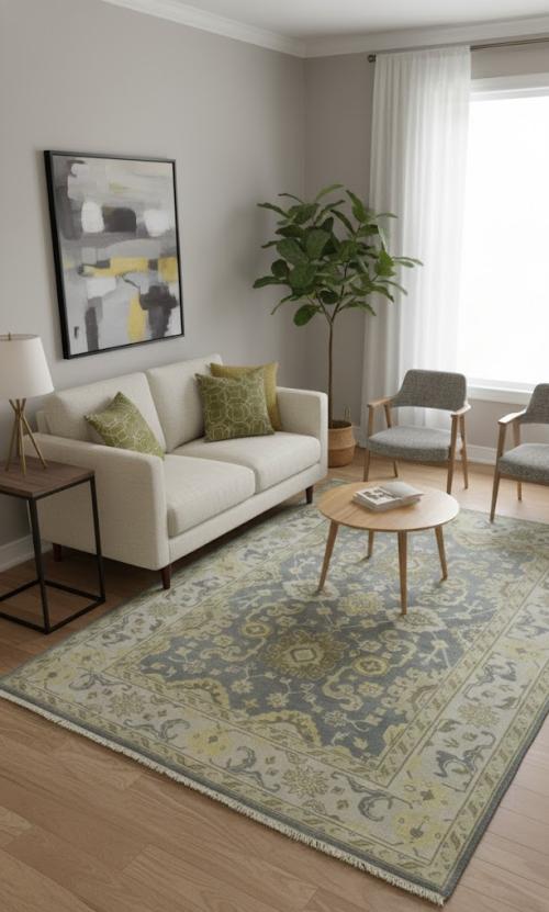 Slate Gray Floral 6X9 Oushak Chobi Oriental Rug