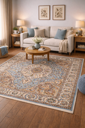 Blue & Cream Floral Kirman 6X8 Oriental Rug