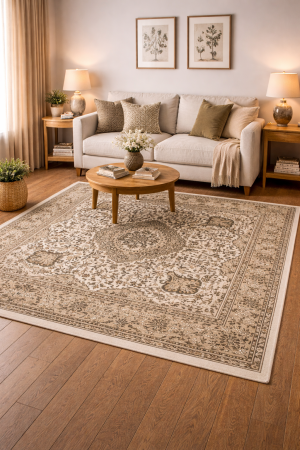 6'1 X 6'3 Cream Hand Knotted Floral Kirman Square Wool Rug